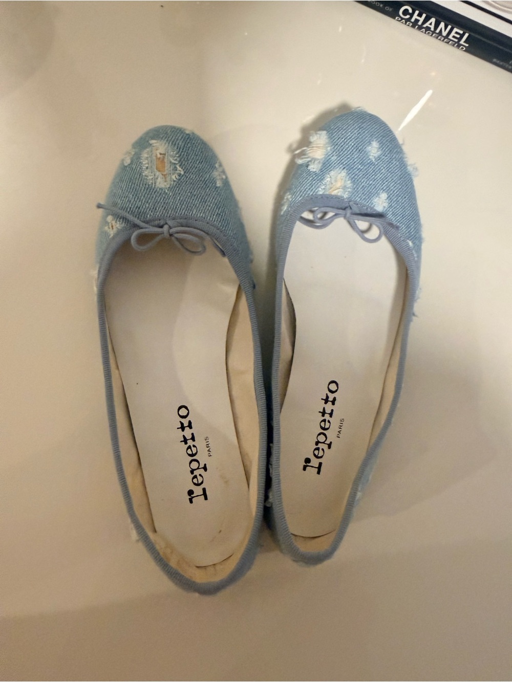 Repetto Light Blue Distressed Denim Ballet Flats with Bow